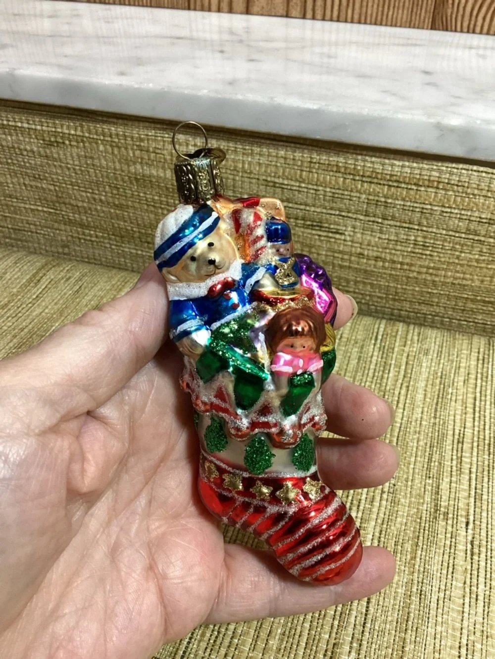 Glass Christmas Stocking Ornament with Santa Design - Red, Green, White